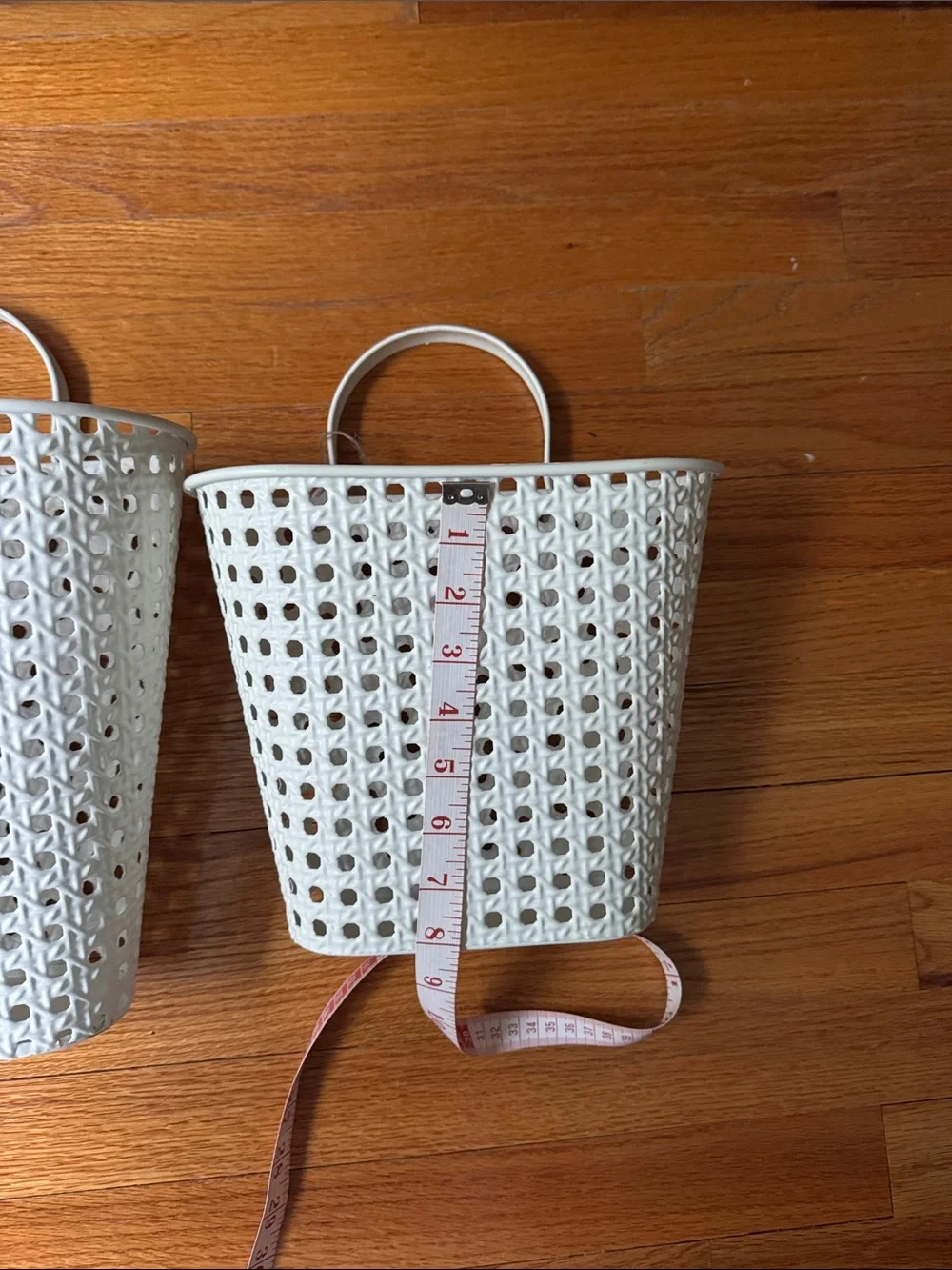 2 White Woven Metal Hanging baskets large and small for doors or wall!